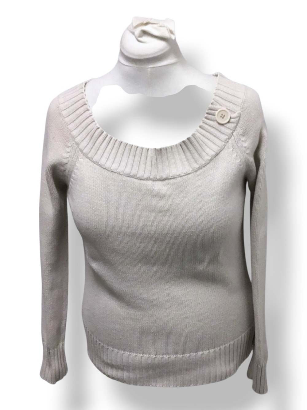 Roaman’s Women’s Wide Scoop Neck Knit Cotton Sweater VTG 90s Beige 10/12